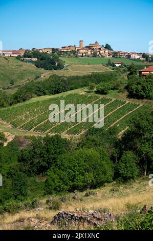 Landschaft mit Weinbergen und Häusern in der Nähe von beaujolais Weindorf Val d'Oingt, Tor zur Beaujolais Weinstraße und hügelige Landschaften des Pier Stockfoto