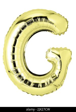 Buchstabe G in goldenem Mylar-Ballon isoliert auf Weiß Stockfoto