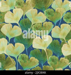 Abstrakte Textur mit handgemalten Ginkgo-Blättern. Nahtloses Aquarell-Muster. Stockfoto