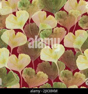 Abstrakte Textur mit handgemalten Ginkgo-Blättern. Nahtloses Aquarell-Muster. Stockfoto