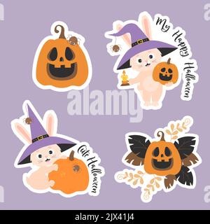 Halloween-Aufkleber. Niedlicher halloween Hase im Hexenhut mit Spinne und Kerze, Kürbis Jack o Laterne und Kürbis mit Blattdeko. Isolierter vecto Stock Vektor