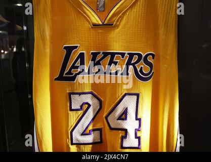 Kobe Bryant's jersey from his final NBA opening day of the 2015-2016  season, is displayed as part of Sotheby's sports memorabilia auction dubbed  Invictus, Tuesday Sept. 6, 2022, in New York. The sale, open through  Thursday, Sept. 15, features a variety