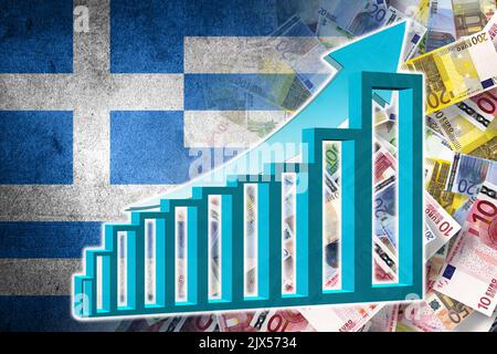 Wirtschaftsdiagramm: Steigender Pfeil, Bargeldscheine und Griechenland-Flagge (Geld, Wirtschaft, Unternehmen, Finanzen, Krise) Stockfoto