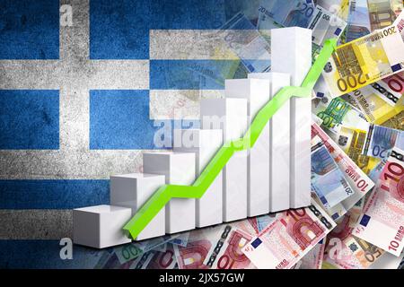 Wirtschaftsdiagramm: Steigender Pfeil, Bargeldscheine und Griechenland-Flagge (Geld, Wirtschaft, Unternehmen, Finanzen, Krise) Stockfoto