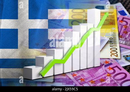Wirtschaftsdiagramm: Steigender Pfeil, Bargeldscheine und Griechenland-Flagge (Geld, Wirtschaft, Unternehmen, Finanzen, Krise) Stockfoto