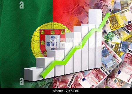 Wirtschaftsdiagramm: Steigender Pfeil, Bargeld-Euro-Banknoten und Flagge Portugals (Geld, Wirtschaft, Unternehmen, Finanzen, Krise) Stockfoto