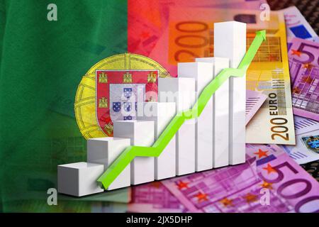 Wirtschaftsdiagramm: Steigender Pfeil, Bargeld-Euro-Banknoten und Flagge Portugals (Geld, Wirtschaft, Unternehmen, Finanzen, Krise) Stockfoto