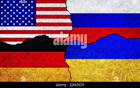 Die Ukraine, Russland, Amerika und Deutschland Flaggen zusammen. Ukraine Russland Krieg Stockfoto