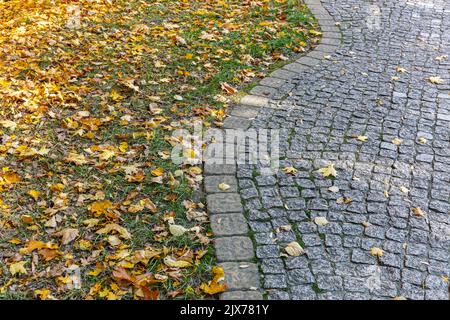 Gewundene gepflasterte Gehweg mit bunten gelben Blättern bedeckt. Abstrakter Herbst Hintergrund. Stockfoto