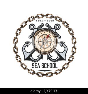 Seeschule heraldischen Vektor-Symbol von Kompass und gekreuzten Anker, nautische und Segeln Bildung. Vintage Marine Wind Rose, Segelschiff oder Boot Anker in Rahmen von Yacht-Kette isoliert runden Symbol Stock Vektor