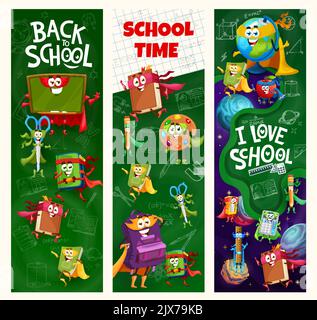 Cartoon Schule Bildung Superhelden Charaktere. Back to School Banner, Vektor vertikalen Hintergrund mit Schere, Buch, Lehrbuch und Palette, Rucksack, Bleistift Schule liefert Helden lustigen Charakter Stock Vektor