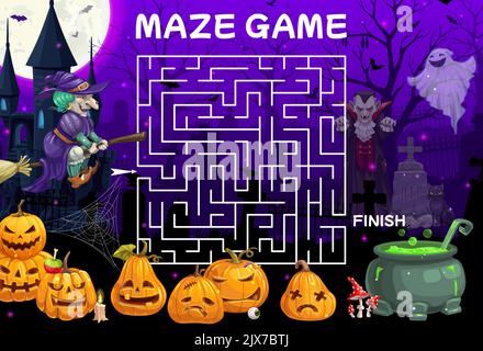 Halloween Labyrinth Labyrinth. Hilf Hexe, einen Trank-Kessel und Kürbisse zu finden. Kinder Suchpfad Rätsel oder Quiz Vektor Arbeitsblatt mit Halloween Jack o Laternen, Hexe, Vampir und Zauberer Zeichen Stock Vektor