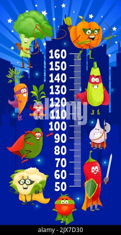 Kinder Höhe Tabelle mit Cartoon Gemüse Superhelden Wachstumsmeter. Vektor-Stadion mit Gemüse super Held Brokkoli, Kürbis, Kürbis, Kürbis, Knoblauch, Chili, Tomaten, Blumenkohl, Avocado, Karotten und Rettich Stock Vektor