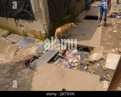 Mumbai, Maharashtra / Indien – 2. März 2020: Offene Rinnenkanalleitung im Slumgebiet von Mumbai, Indien. Stockfoto
