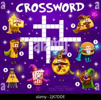 Kreuzworträtsel-Spiel Raster, Halloween-Fast-Food-Cartoon-Zauberer und Magier-Charaktere, Vektor-Arbeitsblatt. Kinder Kreuzworträtsel mit Pizza-Zauberer, Donut Hexenmeister und Taco als Halloween Hexe mit Zauberstab Stock Vektor