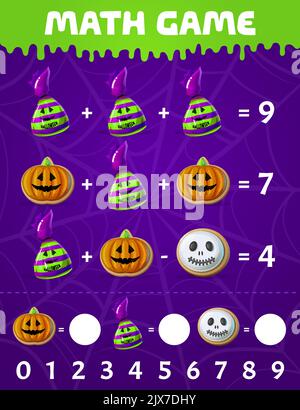 Cartoon Halloween Süßigkeiten und Süßigkeiten. Arbeitsblatt für mathematische Spiele. Addition und Subtraktion mathematische Puzzle, Kinder Bildung Spiel Vektor Arbeitsblatt mit Kürbis Cookies und Schokolade Süßigkeiten, Halloween gruselige Süßigkeiten Stock Vektor