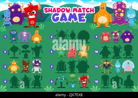 Shadow Match-Spiel. Cartoon Monster Charaktere. Child Shadow Match Game oder Quiz Vektor Arbeitsblatt mit Zombie, fremden Oktopus und lustige Yeti, wütenden Teufel, Fantasy-Drachen und Flamme Geist niedlichen Persönlichkeiten Stock Vektor