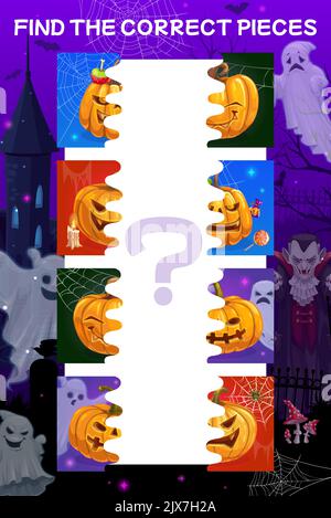 Finde das richtige halbe Stück Halloween Kürbis. Stück verbinden Puzzle oder Kinder Spiel Vektor Arbeitsblatt mit Jack o Laternen Fragmente, Dracula Vampir und Friedhof Geisterfiguren, Burg, Spinnennetz Stock Vektor