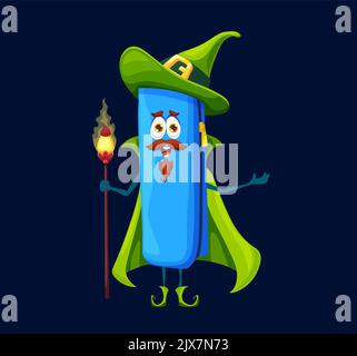 Cartoon Schule Bleistift Fall Magier, Zauberer oder Hexenmeister Charakter. Vektorbox für Stifte und Lehrmittel. Isoliert lächelnd wiz tragen grünen Umhang und Hexenhut. Happy Comic Halloween-Persönlichkeit mit Personal Stock Vektor