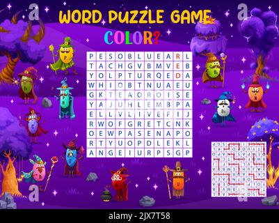 Wortsuche Puzzle-Spiel, Cartoon Vitamin Halloween Zauberer und Magier Zeichen. Vektor-Arbeitsblatt, Kinder-Quiz-Raster. Kreuzworträtsel für Kinder mit Cartoon-Kapsel Persönlichkeiten Hexen, Brainteaser Stock Vektor