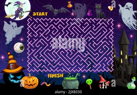 Halloween Labyrinth Labyrinth. Vector Kinder Rätsel, Brettspiel Arbeitsblatt mit Geist, Hexe, Spukhaus, Kürbis, Kessel und Fledermäuse mit Katzen und Trick or Treat Süßigkeiten. Finden Sie den richtigen Weg aus dem Labyrinth Stock Vektor