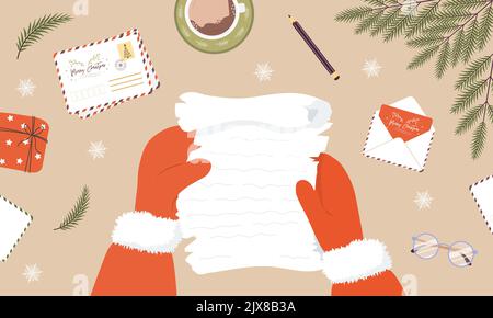 Santa claus Hände halten kindlichen Brief. Weihnachtskarte mit Glückwünschen und Wunschliste empfangen. Draufsicht. Vektorgrafik in flacher Form Stock Vektor