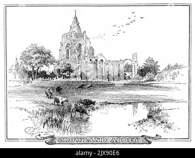 1891 Vintage viktorianische Illustration von Crowland Abbey in Lincolnshire. Aus dem Kinderbuch Sonntagslesung für die Jungen. Mit Rand. Stockfoto