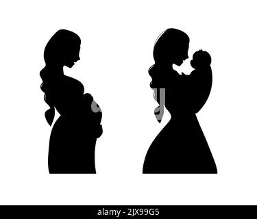 Set aus schwarzen Silhouetten einer Schwangeren und einer Mumie, die ein neugeborenes Baby in der Hand halten, Seitenansicht. Umriss einer Mutter, die die Geburt eines Babys erwartet, Vektorillus Stock Vektor