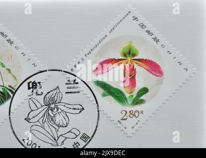 CHINA - UM 2001: Eine in China gedruckte Marke zeigt 2001-18, Scott 3137-40 Paphiopedilum ,um 2001 Stockfoto