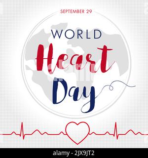 Weltherztag mit Erde und Pulsspur. Kreatives Herz-Logo, flache Kugel, Vektorgrafik. Gratzen Konzept für International Heart Day Banner Stock Vektor