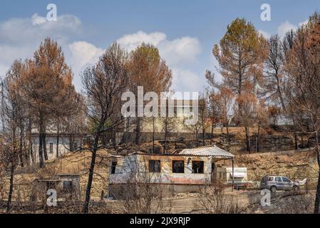 Häuser, Gärten und Fahrzeuge, die nach dem Brand der Pont de Vilomara 2022 verbrannt wurden (Barcelona, Katalonien, Spanien) ESP: Casas, jardines y vehículos quemados Stockfoto