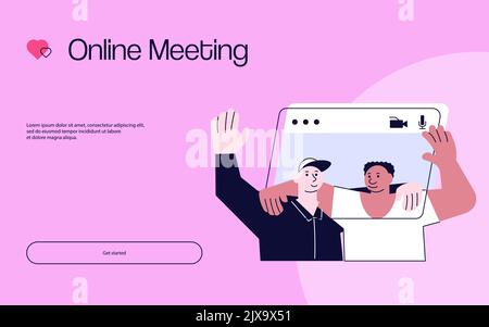 Vorlage für die Landing Web Page einer virtuellen Konferenz für Videoanruf. Verschiedene Personen, die zu Hause Online-Meetings abhalten. Flache Grafik. Stockfoto