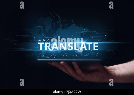 Das Konzept der Technologien für die Übersetzung von Texten. Internationale Anpassung von Inhalten. Stockfoto