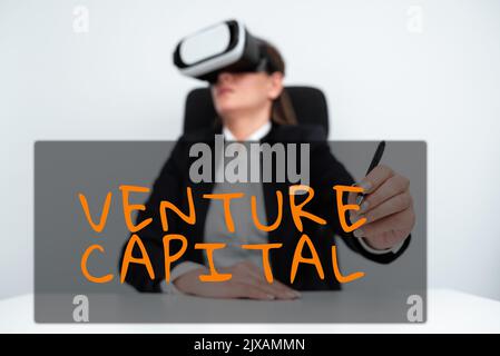 Textunterschrift zur Finanzierung von Venture Capital durch Unternehmen bis hin zu kleinen Unternehmen im Frühstadium. Business Showcase Finanzierung von Unternehmen zu kleinen Stockfoto