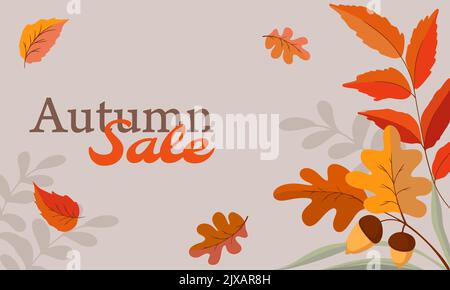 Inschrift Herbstverkauf Herbststrauß von Blättern und Eicheln Stock Vektor