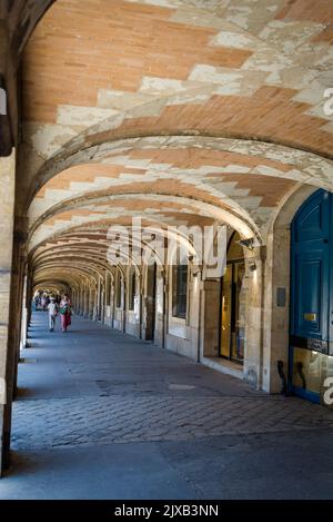 Arkaden des Place des Vosges, des ältesten geplanten Platzes in Paris, erbaut im 17.. Jahrhundert, im Marais-Viertel, Paris, Frankreich Stockfoto