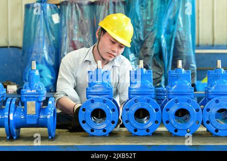 NANTONG, CHINA - 7. SEPTEMBER 2022 - Arbeiter montieren eine Charge von Ventilanlagen zur Lieferung in einer Werkstatt von Rongtong Valve Machinery Co LTD, A Stockfoto