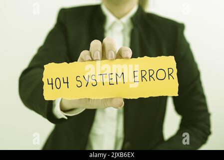 Konzeptionelle Beschriftung 404 Systemfehlermeldung wird angezeigt, wenn die Website nicht erreichbar ist. Auf der Nachricht geschriebenes Wort erscheint, wenn die Website nicht verfügbar ist und Stockfoto