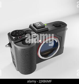 Professionelle DSLR-Kamera 3D Bild. Spiegellose Digitalkamera isoliert weißes Bild. Kamera Modell Bild. Ein Bild von 3D Rendering Kamera Vorderansicht. Stockfoto