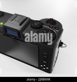 Professionelle DSLR-Kamera 3D Bild. Spiegellose Digitalkamera isoliert weißes Bild. Kamera Modell Bild. Ein Bild von 3D Rendering Kamera Vorderansicht. Stockfoto