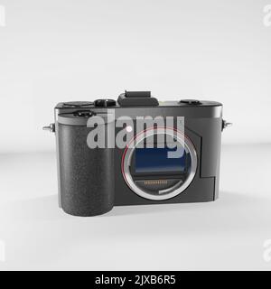 Professionelle DSLR-Kamera 3D Bild. Spiegellose Digitalkamera isoliert weißes Bild. Kamera Modell Bild. Ein Bild von 3D Rendering Kamera Vorderansicht. Stockfoto