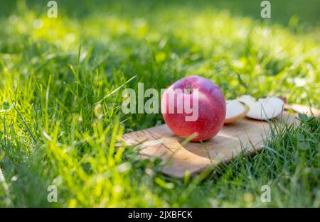 Frischer ganzer Apfel und in Scheiben geschnittene Apfelstücke auf dem Holzbrett mit verschwommenem grünem Gras auf dem Hintergrund. Sanfte Schärfentiefe Stockfoto