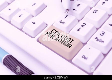 Text mit Inspiration CPA-Kosten pro AktionProvision, die gezahlt wird, wenn der Benutzer auf einen Affiliate-Link klickt. Wort geschrieben auf Provision bezahlt, wenn Benutzer klickt auf Stockfoto