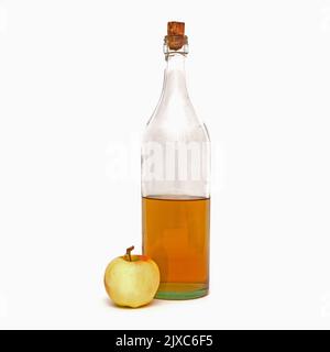 Hohe Flasche mit Apfelessig und einem Apfel isoliert auf weißem Hintergrund. Stockfoto