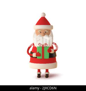 Weihnachtsmann in roter Kleidung mit Geschenk, realistische 3D Zeichen isoliert auf weiß. Für Weihnachtskarten und Banner. Vektorgrafik Stock Vektor
