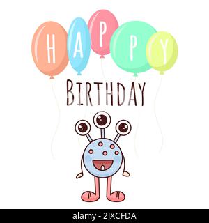 Babygeburtstag-Banner. Postkarte mit niedlichem Monster, Luftballons und Inschrift. Vorlage mit Schriftzug und Kind Charakter Vektor Cartoon Illustration Stock Vektor