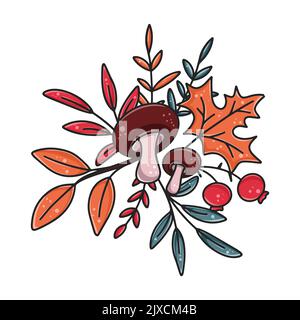 Herbstkomposition mit Pilzen, Beeren und Blättern.schöne Herbstwald Dekor. Helle, saisonal isolierte Vektorgrafik. Handgezeichnete Vorlage Stock Vektor