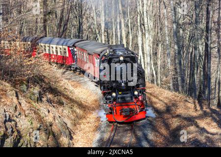 Brockenbahn Dampfzug Lokomotive Eisenbahn Abfahrt Wernigerode in Deutschland Stockfoto