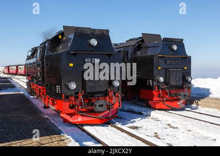 Brockenbahn Steam trainiert Lokomotiven Bahngleise auf dem Brocken in Deutschland Stockfoto