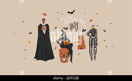 Handgezeichnete abstrakte Vektor Grafik Cliparts Illustrationen, Halloween Urlaub Kostüm Party Erwachsene Menschen Charaktere Sammlung Set.Gruseliges Halloween Stock Vektor